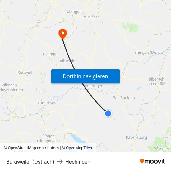 Burgweiler (Ostrach) to Hechingen map