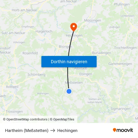 Hartheim (Meßstetten) to Hechingen map