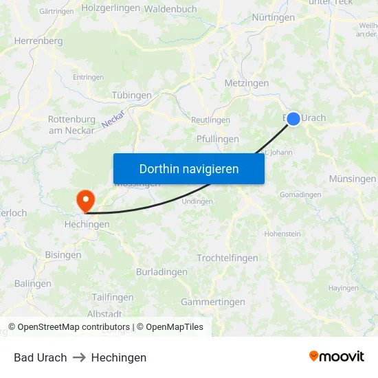 Bad Urach to Hechingen map