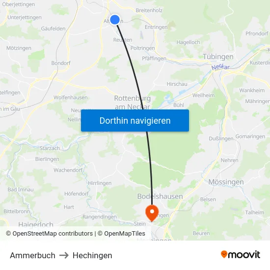 Ammerbuch to Hechingen map