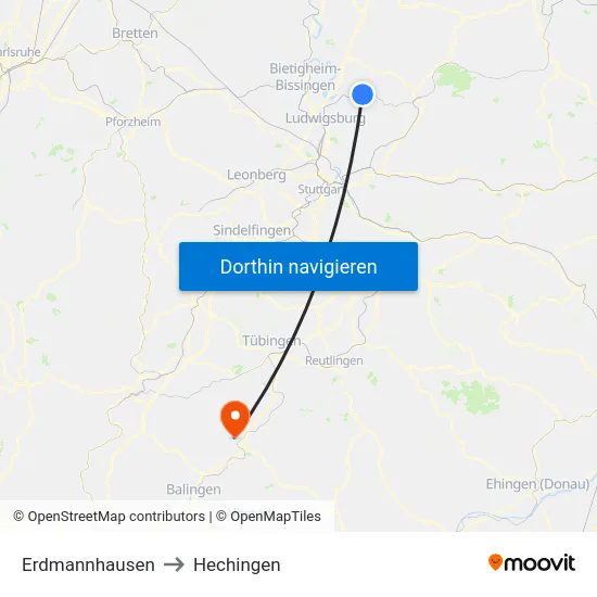Erdmannhausen to Hechingen map