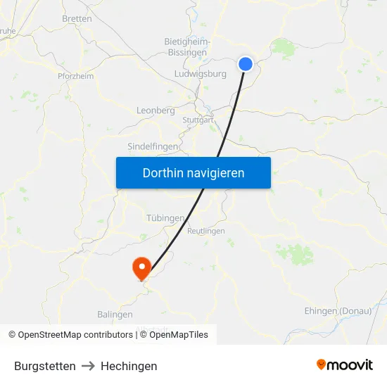 Burgstetten to Hechingen map