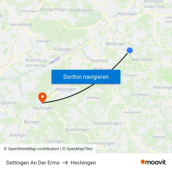 Dettingen An Der Erms to Hechingen map