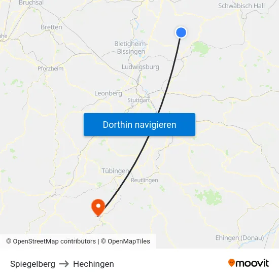 Spiegelberg to Hechingen map