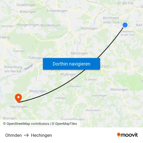 Ohmden to Hechingen map
