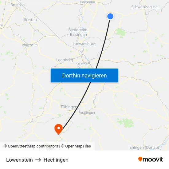 Löwenstein to Hechingen map