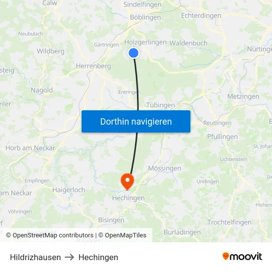 Hildrizhausen to Hechingen map
