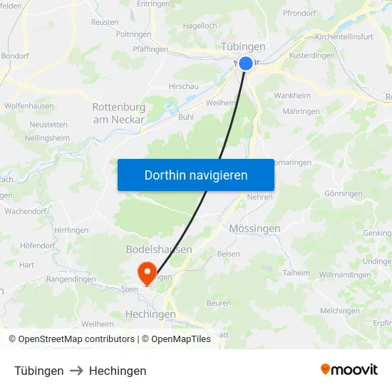 Tübingen to Hechingen map
