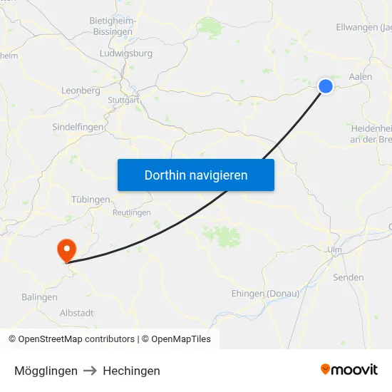Mögglingen to Hechingen map