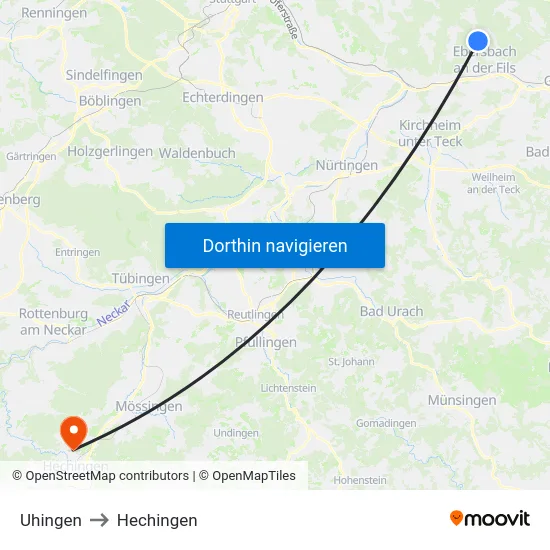 Uhingen to Hechingen map