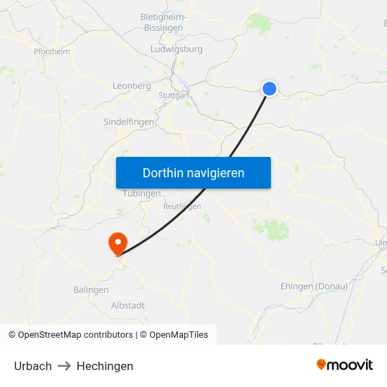 Urbach to Hechingen map