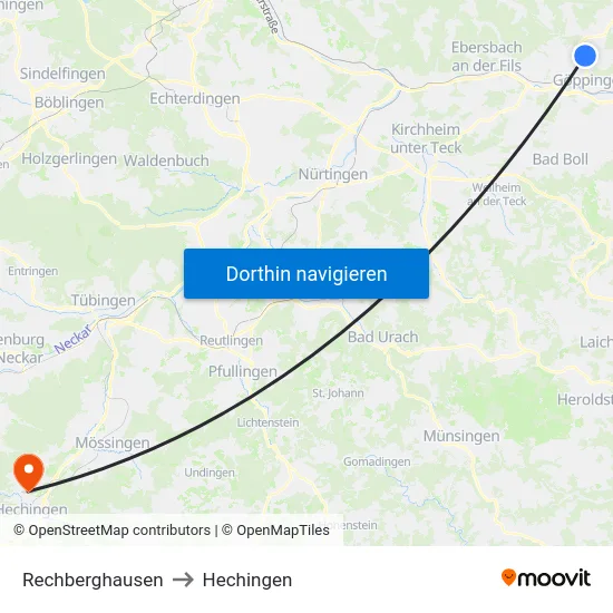 Rechberghausen to Hechingen map