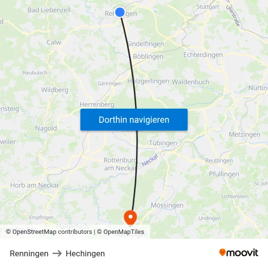 Renningen to Hechingen map