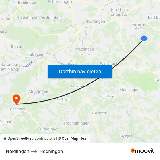 Neidlingen to Hechingen map