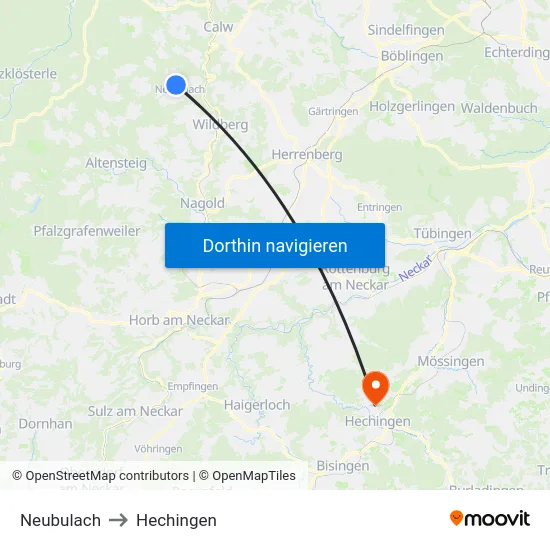 Neubulach to Hechingen map