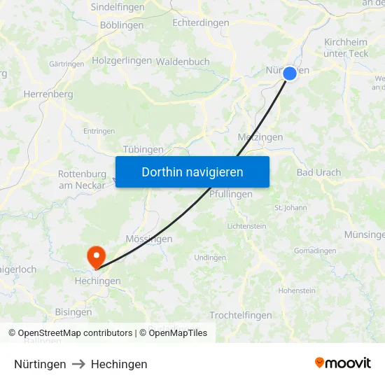 Nürtingen to Hechingen map