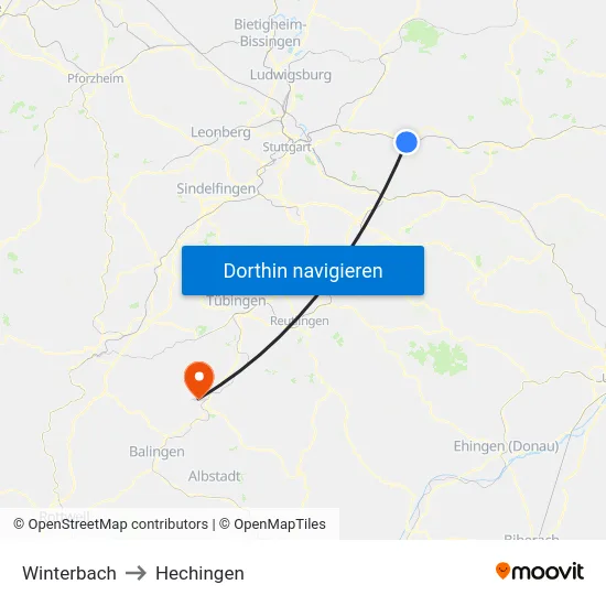 Winterbach to Hechingen map