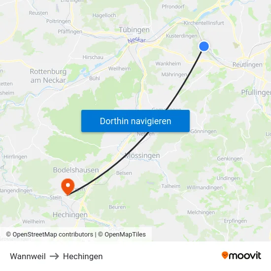 Wannweil to Hechingen map