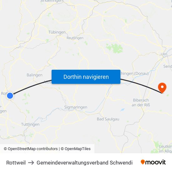 Rottweil to Gemeindeverwaltungsverband Schwendi map