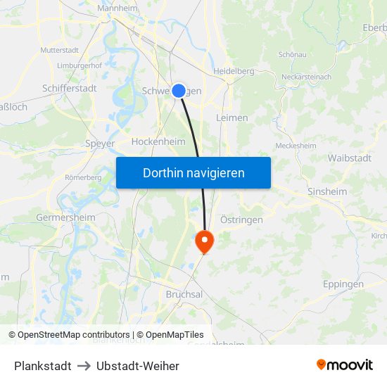 Plankstadt to Ubstadt-Weiher map