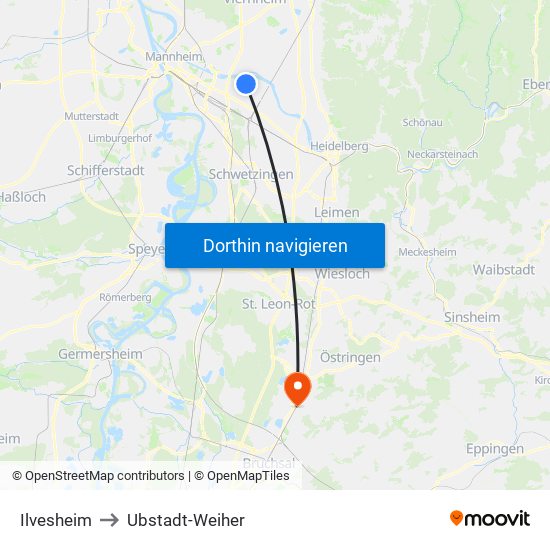 Ilvesheim to Ubstadt-Weiher map