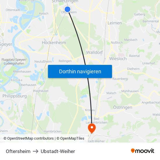 Oftersheim to Ubstadt-Weiher map