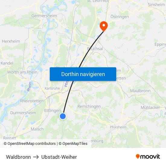 Waldbronn to Ubstadt-Weiher map