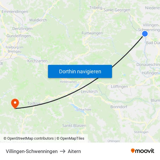 Villingen-Schwenningen to Aitern map