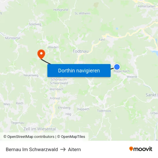 Bernau Im Schwarzwald to Aitern map