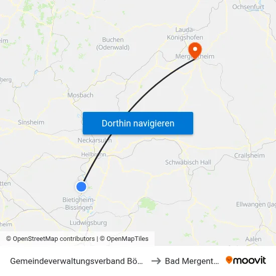 Gemeindeverwaltungsverband Bönnigheim to Bad Mergentheim map
