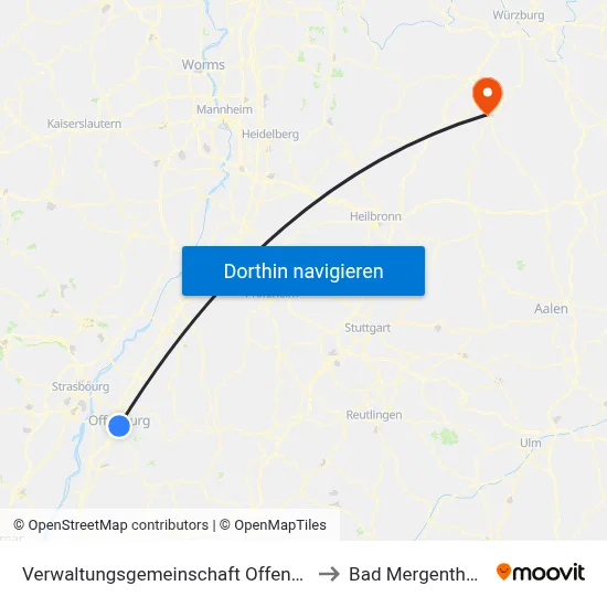 Verwaltungsgemeinschaft Offenburg to Bad Mergentheim map