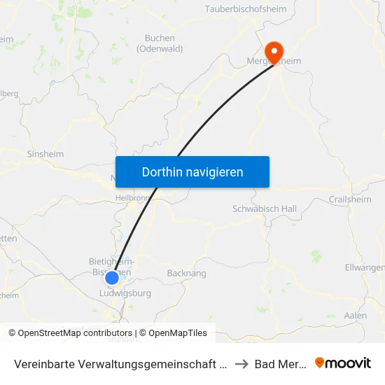 Vereinbarte Verwaltungsgemeinschaft Der Stadt Bietigheim-Bissingen to Bad Mergentheim map