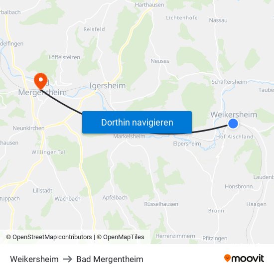 Weikersheim to Bad Mergentheim map