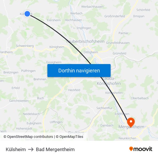 Külsheim to Bad Mergentheim map