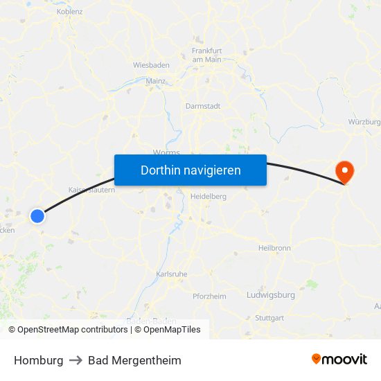 Homburg to Bad Mergentheim map