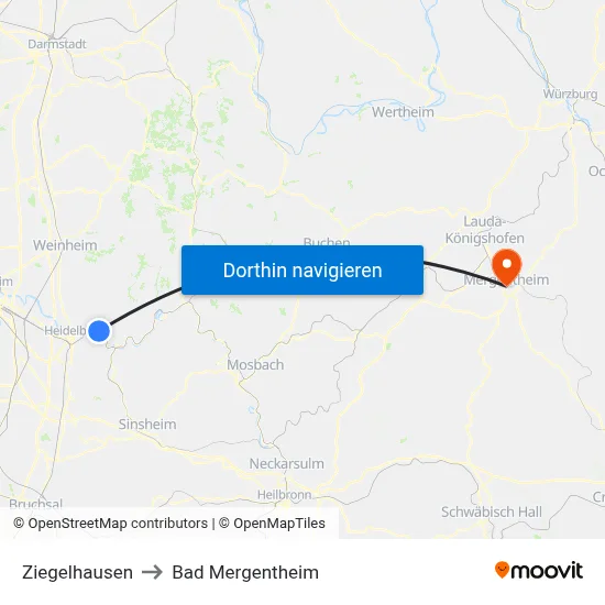 Ziegelhausen to Bad Mergentheim map