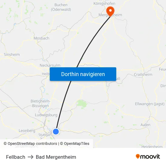 Fellbach to Bad Mergentheim map