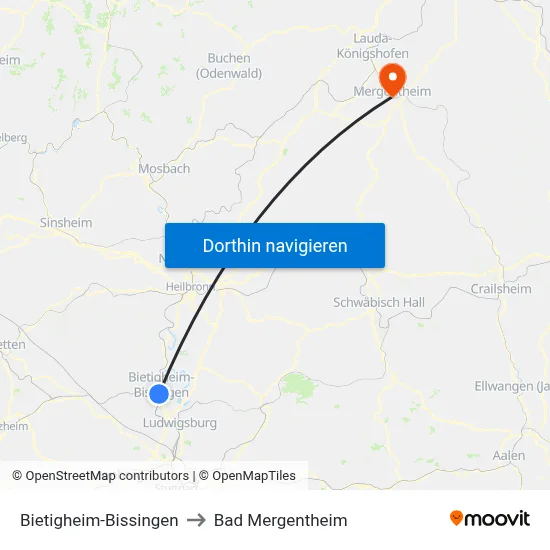 Bietigheim-Bissingen to Bad Mergentheim map