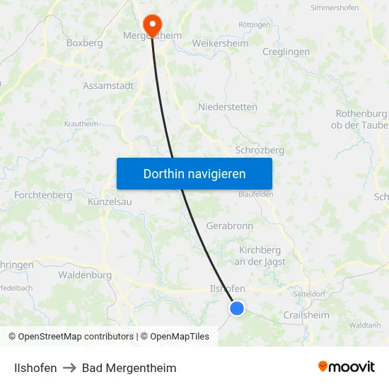 Ilshofen to Bad Mergentheim map