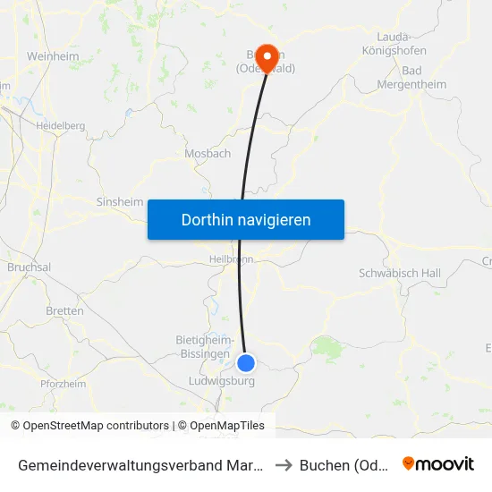 Gemeindeverwaltungsverband Marbach am Neckar to Buchen (Odenwald) map