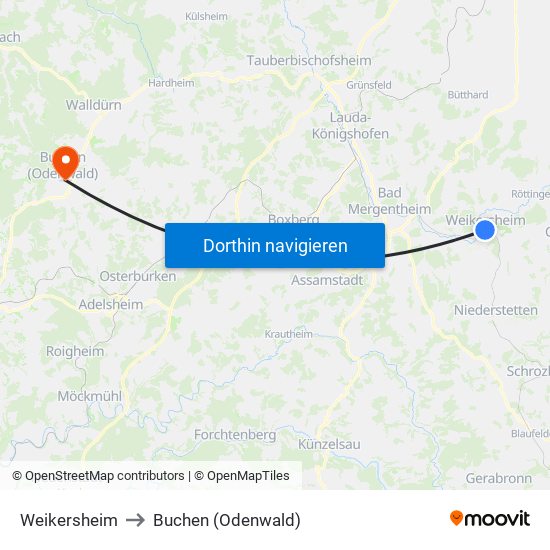 Weikersheim to Buchen (Odenwald) map