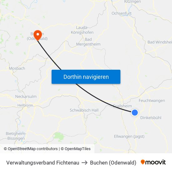 Verwaltungsverband Fichtenau to Buchen (Odenwald) map