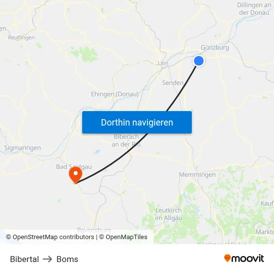 Bibertal to Boms map