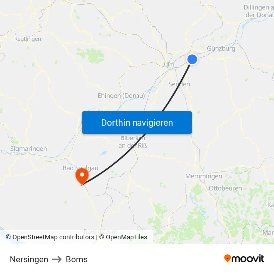 Nersingen to Boms map