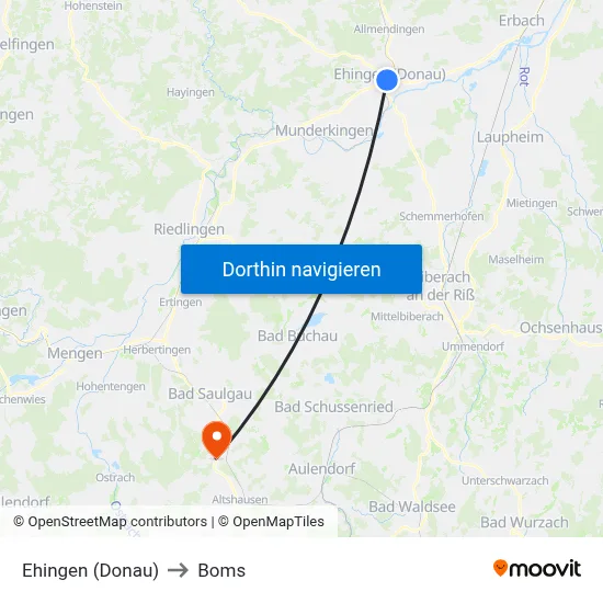 Ehingen (Donau) to Boms map