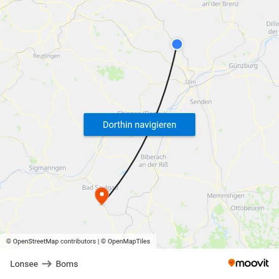Lonsee to Boms map