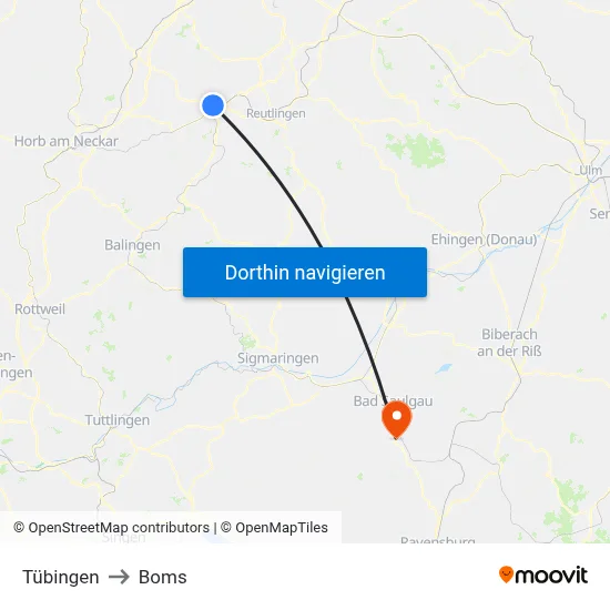 Tübingen to Boms map