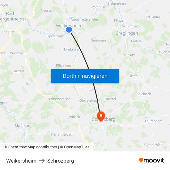 Weikersheim to Schrozberg map