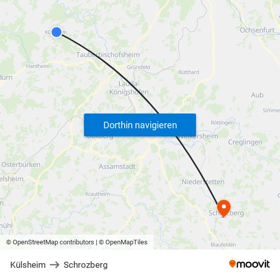 Külsheim to Schrozberg map