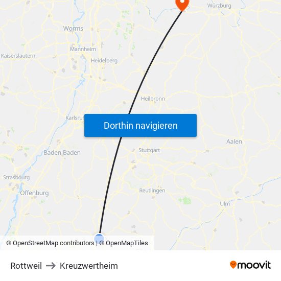 Rottweil to Kreuzwertheim map